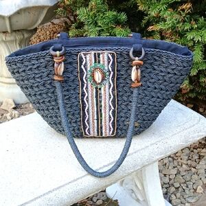 Capelli Straworld Inc Straw Tote Bag With Colorful SHELL Beads Handle Decoration